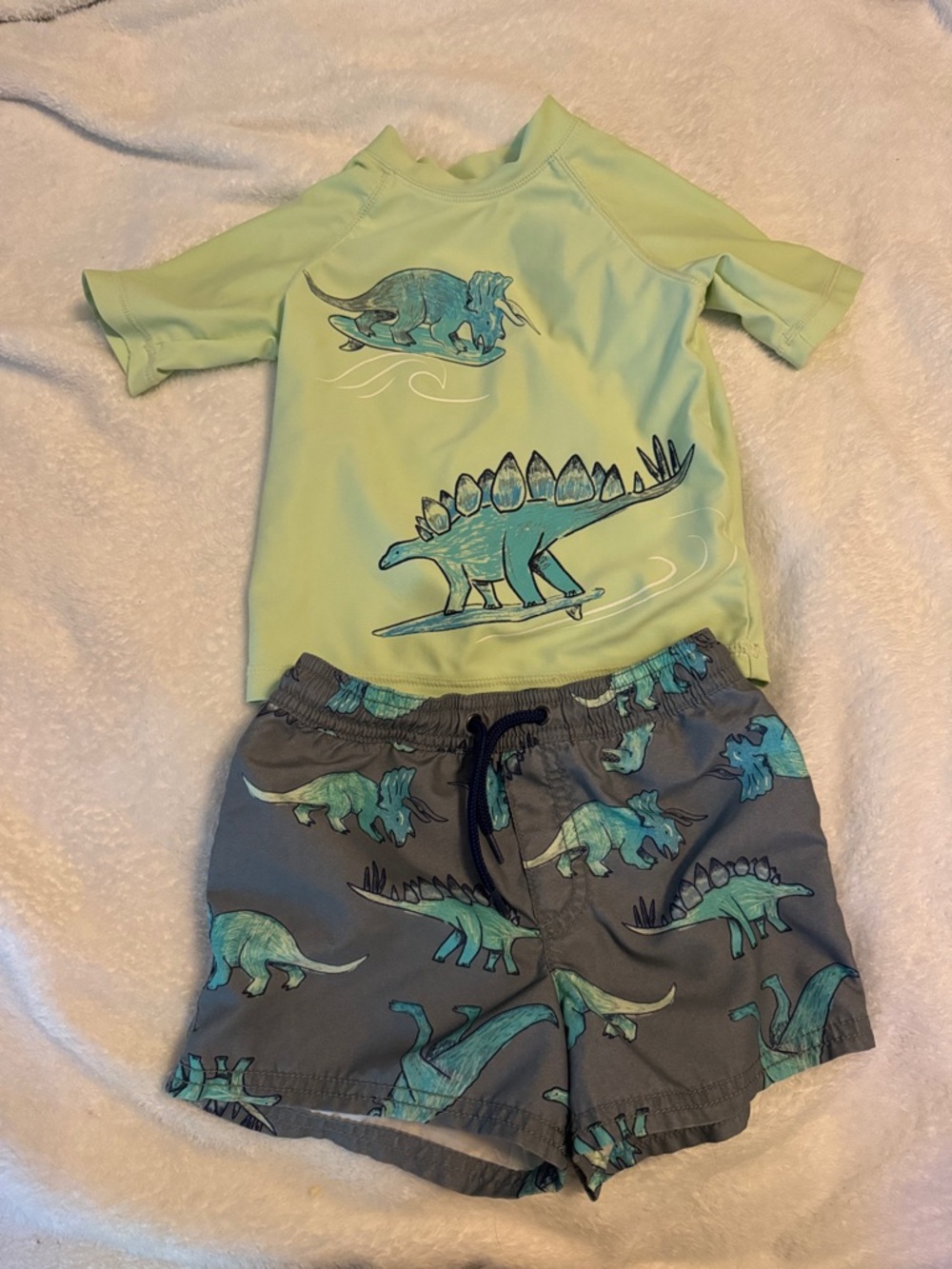 Carter's Lime Green Rashguard & Gray Dinosaur Swim Shorts Set